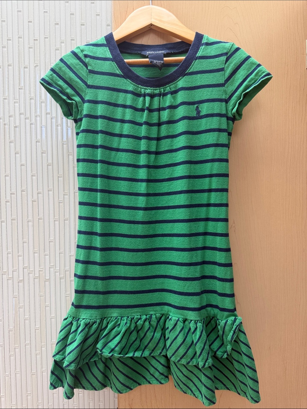 Ralph Lauren Green and Navy Striped Ruffle-Hem Knit Dress